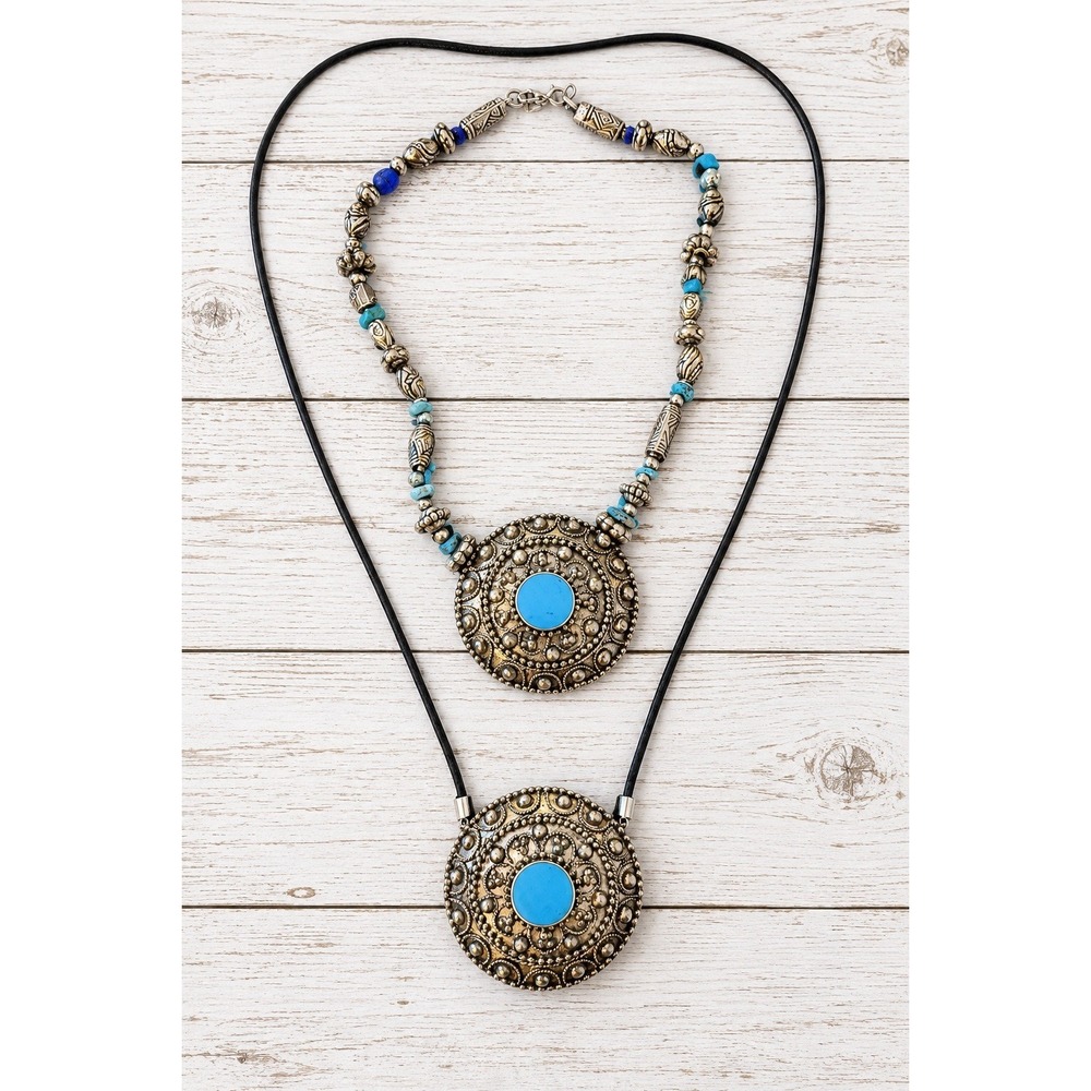 Necklace Set Silver Tone Boho Tribal Medallion Turquoise Accents Southwestern OS